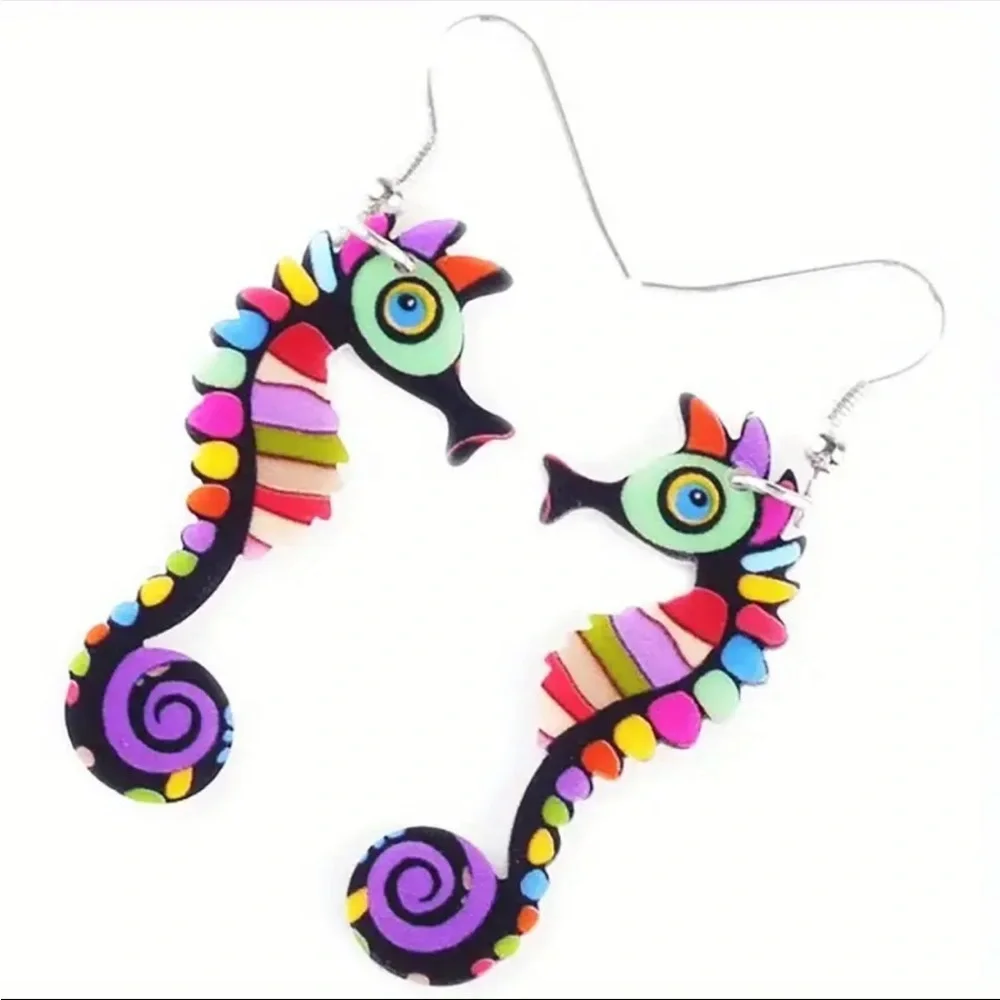 Cute Colorful Seahorse Design Dangle Earrings Bohemian Ocean Style‎ Acrylic